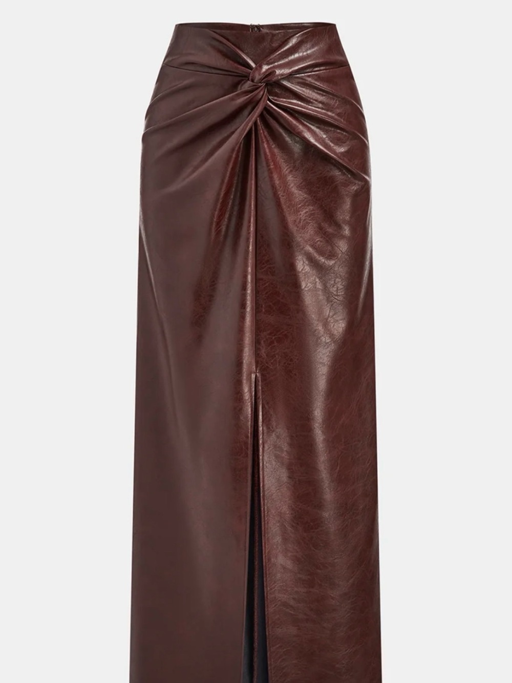 Commense Faux Leather Pencil Skirt with Twist Front - Deep Brown
